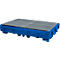 Blue spill containment system with metal grating for safe liquid storage.