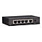 Schwarzer 5-Port Ethernet-Switch mit frontalen LAN-Anschlüssen und einem Stromanschluss.