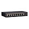 Schwarzer 8-Port Netzwerk-Switch mit numerierten Anschlüssen auf weißem Hintergrund.