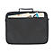 Schwarze Laptoptasche mit Tragegriff und Einschubfach für Unterlagen vor neutralem Hintergrund.