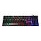 Schwarze Gaming-Tastatur mit bunter RGB-Hintergrundbeleuchtung vor neutralem Hintergrund.
