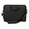 Schwarze Laptoptasche mit Tragegriffen und verstellbarem Schultergurt vor weißem Hintergrund.