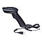 Schwarzer Barcode-Scanner mit USB-Kabel. Der Griff ist ergonomisch geformt.