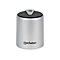 Kleiner, zylindrischer Bluetooth-Lautsprecher in Silber mit schwarzer Oberseite und Manhattan-Logo.