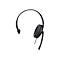 Schwarzes einseitiges Headset mit weichem Ohrpolster und verstellbarem Mikrofonarm vor weißem Hintergrund.