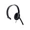 Schwarzes einseitiges Headset mit gepolsterter Ohrmuschel und verstellbarem Mikrofonarm vor weißem Hintergrund.