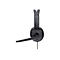 Schwarzes On-Ear-Headset mit verstellbarem Mikrofonarm, Seitenansicht vor weißem Hintergrund.