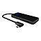 Schwarzer USB-C-Hub mit mehreren AnschlÃ¼ssen, darunter HDMI, SD-Kartenleser, und USB-C-Anschluss, mit blau leuchtendem Kreis.