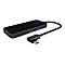 Schwarzer USB-C Hub. Auf der Oberseite befindet sich eine blaue LED. Ein USB-C Stecker ist mit einem Kabel verbunden.