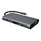 Graue USB-C-Dockingstation mit verschiedenen AnschlÃ¼ssen, darunter HDMI, USB, SD-Kartenleser und Ethernet, mit Kabel.