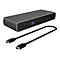Grauer USB-C-Dockingstation mit zwei schwarzen Kabeln. Auf der Vorderseite befinden sich AnschlÃ¼sse und eine SD-Karte.