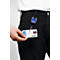 Person with black trousers and white shirt. The ID card with photo and barcode is shown, connected with a badge reel.
