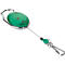 Green ID badge reel with metal carabiner and black cord.