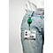 Person with ID badge attached to jeans. Retractable ID reel with green housing. The ID badge shows a photo, Boxx logo, and barcode.