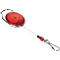 Red card holder with silver carabiner hook, black cord and red clip.