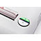 Close-up of a white paper shredder with highlighted on/off button. The button is bi-colored, green illuminated on top, white on bottom with 'R'.