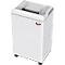 White shredder with light grey lid and red handle, standing on small wheels.