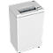White angle paper shredder, paper feed, control panel and manufacturer's logo. Black rollers at the bottom.