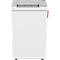 White paper shredder with paper feed, top right. A red handle on the side.