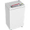 White paper shredder. Top feed slot for paper. Red and white sheets are in the slot. A green button is on the top.