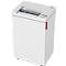 White paper shredder with red handle. Feed and controls are on top.