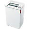 White paper shredder. Top input for paper, next to it operating buttons, red stripe on the side.