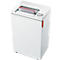 White paper shredder. Papers are being fed into the slot, red edge visible. Small, round button, red handle.