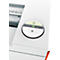 Close-up of a white printer control panel with a round button showing a green smiley face and the "R" character.