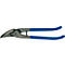 Metalen schaar met blauwe handvatten. De schaar staat open.