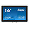 Schwarzer Touchscreen-Monitor mit 16-Zoll-Anzeige. Auf dem Bildschirm sind Markennamen und technische Daten zu sehen.