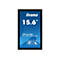 Schwarzer Touchscreen-Monitor, blaue Oberfläche mit weißem Schriftzug "iiyama" und "15.6", sowie Logos und Text.