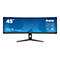 Ein gebogener 45-Zoll-Monitor mit blauem Bildschirm, der von einem schwarzen Standfuß gehalten wird. Markenzeichen 'iiyama' und Modellbezeichnung.
