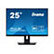 Monitor mit blauem Bildschirm. Auf dem Bildschirm stehen die Größenangabe 25", der Markenname "iiyama" und technische Daten wie "IPS" und "1920 x 1200".