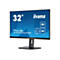 Ein 32 Zoll iiyama ProLite XUB3293UHSN Monitor vor weißem Hintergrund. Der Monitor zeigt blaue Grafiken mit Symbolen und Text.