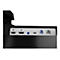 Nahaufnahme einer schwarzen Geräteunterseite mit Anschlüssen, darunter HDMI, USB, Audio, Ethernet.