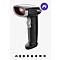 Schwarzer Barcode-Scanner mit rotem Licht. Grauer Griff, weißer Auslöser. Kleine App Symbole am unteren Rand.