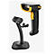 Schwarzer Barcode-Scanner mit gelbem Griff und Ladestation. Der Scanner wird in der Hand gehalten.