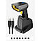 Schwarzer Barcode-Scanner mit gelben Akzenten, auf einer Ladestation, zwei USB-Kabel daneben.
