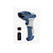 Blauer und weißer Barcode-Scanner mit USB-Empfänger daneben, vor weißem Hintergrund.
