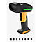 Handlicher Barcode-Scanner in Schwarz und Orange. Ein grüner Laserstrahl ist sichtbar.