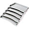 Grey stepped filing system with six levels, details include black corner connectors and small holes.