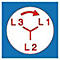 Symbole de connexion triphasée : Symbole circulaire blanc avec les lettres L1, L2 et L3 reliées par des lignes. Une flèche rouge indique le sens de rotation.