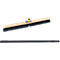 Broom with wooden handle and black bristles, below a black telescopic handle.