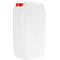White canister with red lid. Rectangular, rounded corners, lid on the top left.