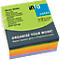 A stack of sticky notes in various colors, wrapped in foil. Product details in multiple languages are written on the packaging.