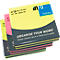 Three stacks of sticky notes in yellow, pink, and green with the text "Organise your work!", and "info notes."