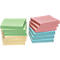 Two stacks of colorful sticky notes on a white background. One stack green and yellow, the other pink and blue.