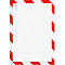 A white sheet of paper, framed by a red and white warning tape pattern.