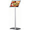 Silver display stand with an advertisement image of a pizza. The image is mounted at an angle, the base is round.