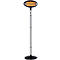 A black patio heater standing on a base. The heating head is oval and glows orange. The stand is slender and adjustable.